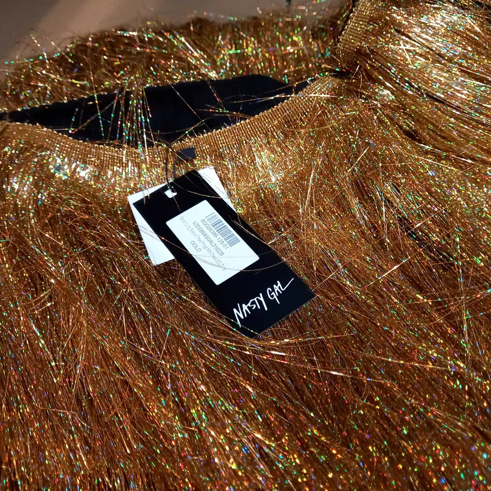NASTY GAL FOLD BARDOT LONG SLEEVE TINSEL FRINGE MNI DRESS - SIZE 18
