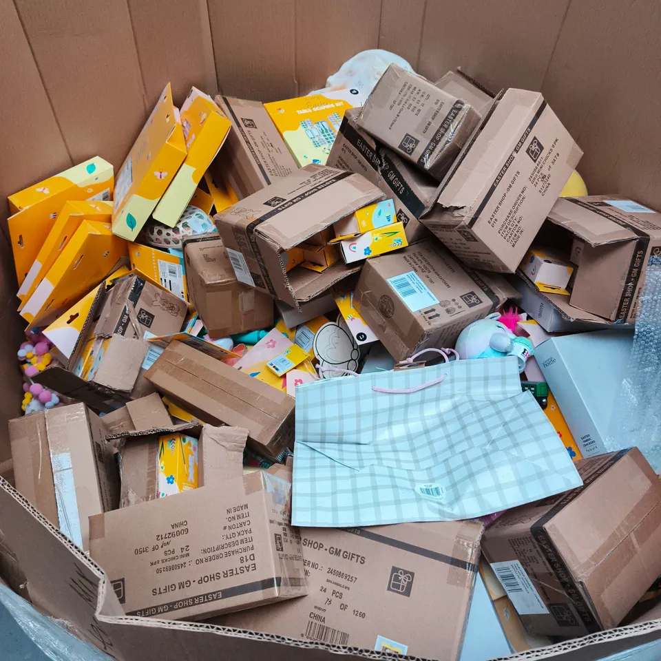 PALLET CONTAINING LARGE QUANTITY OF EASTER DECORATIONS AND ACCESSORIES TOO INCLUDE WOODEN EASTER BASKETS , EASTER SCAPING KITS , EASTER CRACKERS  , BANNERS AND EASTER GIFT BAGS , ETC  