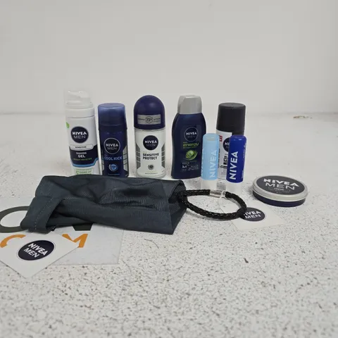 NIVEA TRAVEL SET OF 10 ITEMS TO INCLUDE SHAVING GEL, SHOWER GEL, LIP BALM ETC