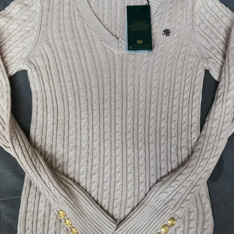 HOLLAND COOPER SEATTLE CABLE V-NECK KNIT LONG SLEEVE TOP IN OATMEAL SIZE SMALL