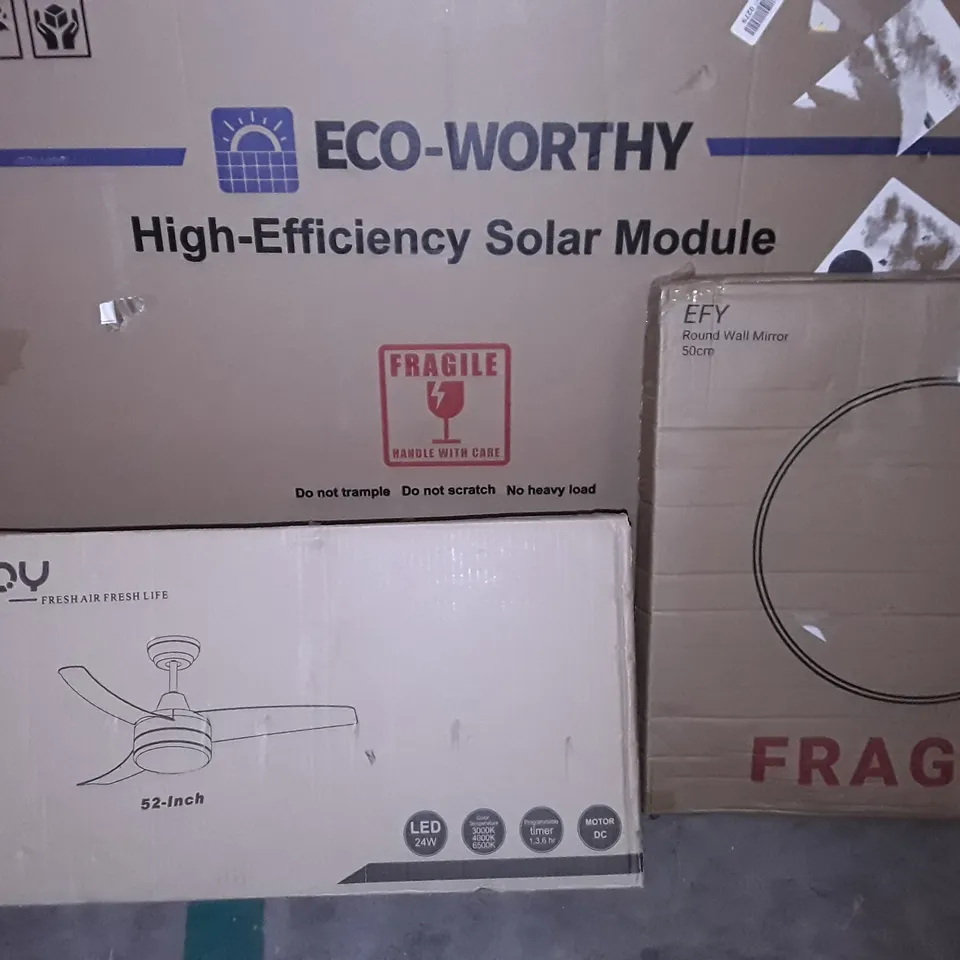 UNPROCESSED PALLET OF ASSORTED ITEMS TO INCLUDE HIGH EFFICIENCY SOLAR MODULE, ROUND WALL MIRROR AND CEILING FAN