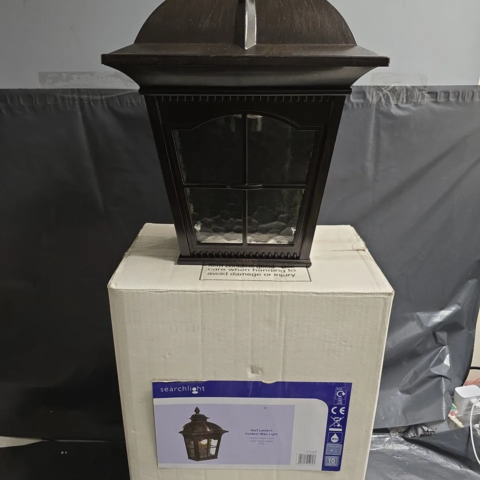 SEARCHLIGHT HALF LANTERN OUTDOOR WALL LIGHT – RUSTIC BROWN FINISH, CLEAR WATER GLASS