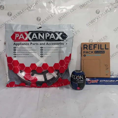 BOX OF APPROXIMATELY 13 ASSORTED ITEMS TO INCLUDE - DYLON JEAN BLUE - SWIMZI WATER BOTTLE - REFILL PACK CLEAN ECT