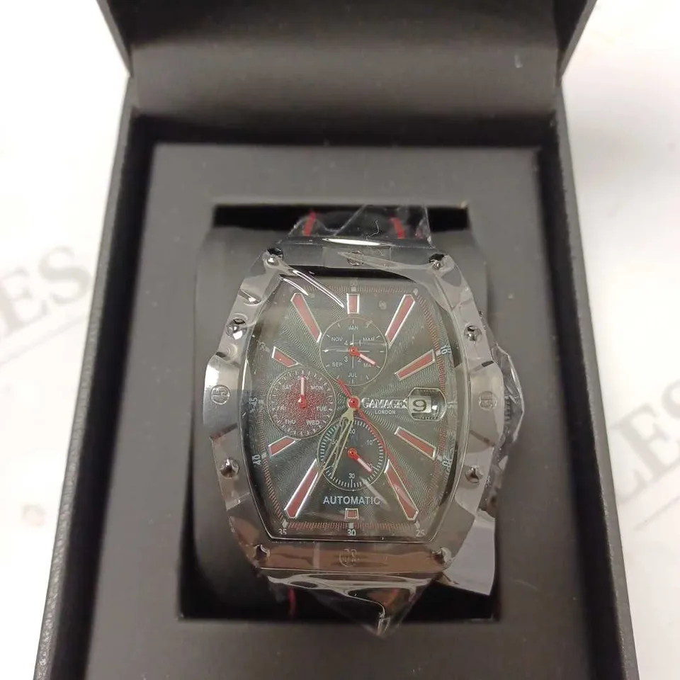 GAMAGES GALACTIC BLACK TRIPLE DATE DIAL RED STRIPE AUTOMATIC LEATHER STRAP WRISTWATCH	