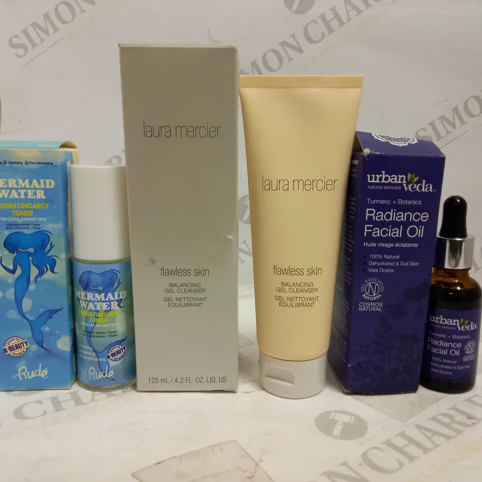 LOT OF 3 FACIAL SKINCARE ITEMS, TO INCLUDE URBAN VEDA, LAURA MERCIER & RUDE