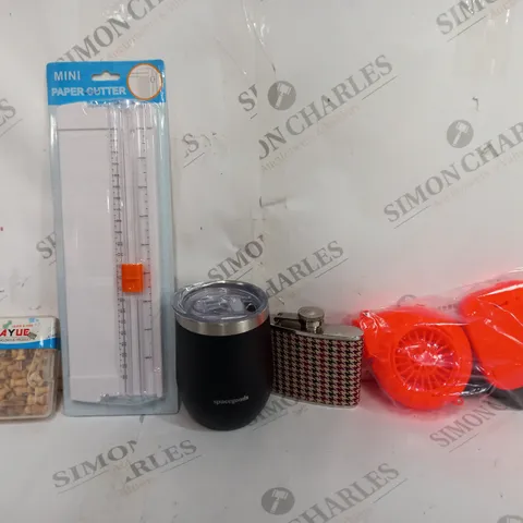 BOX OF APPROXIMATELY 12 ASSORTED ITEMS TO INCLUDE - MINI PAPER CUTTER - BOARD PINS - SPACEGOODS THERMAL CUP ECT