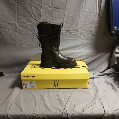 FLY LONDON BROWN LEATHER MID-CALF BOOTS ON YELLOW FLY LONDON BOX