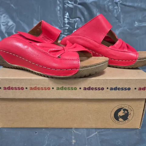 BOXED PAIR OF ADESSO OPEN TOE LOW WEDGE SANDALS IN RED SIZE 6