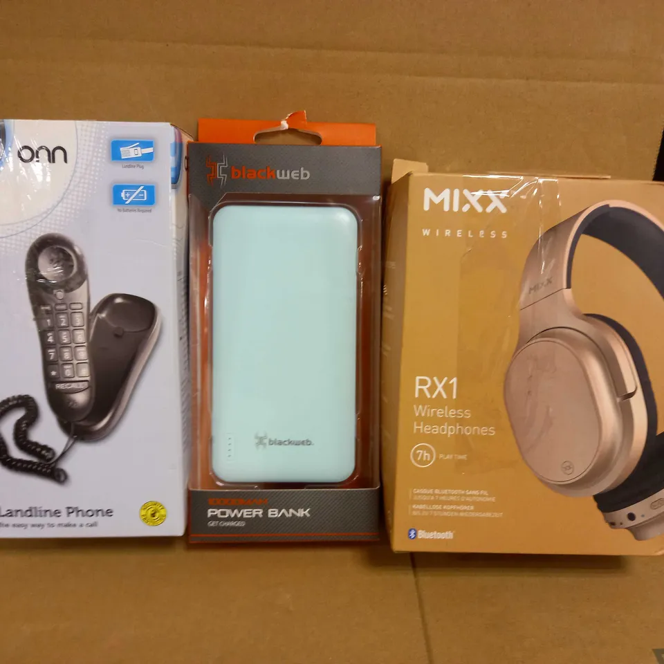 BOX OF APPROXIMATELY 20 ASSORTED ELECTRICAL ITEMS TO INCLUDE ONN LANDLINE PHONE, BLACKWEB POWER BANK, MIXX RX1 WIRELESS HEADPHONES, ETC