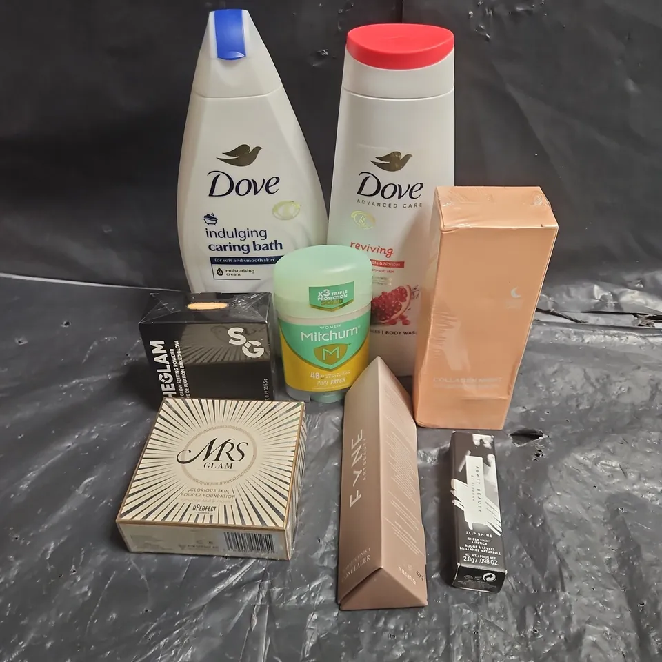 APPROXIMATEY 20 ASSORTED HEALTH AND BEAUTY PRODUCTS TO INCLUDE - DOVE BODY WASH - MITCHUM DEODORANT - FENTY BEAUTY SHEER SHINY LIPSTICK - ETC