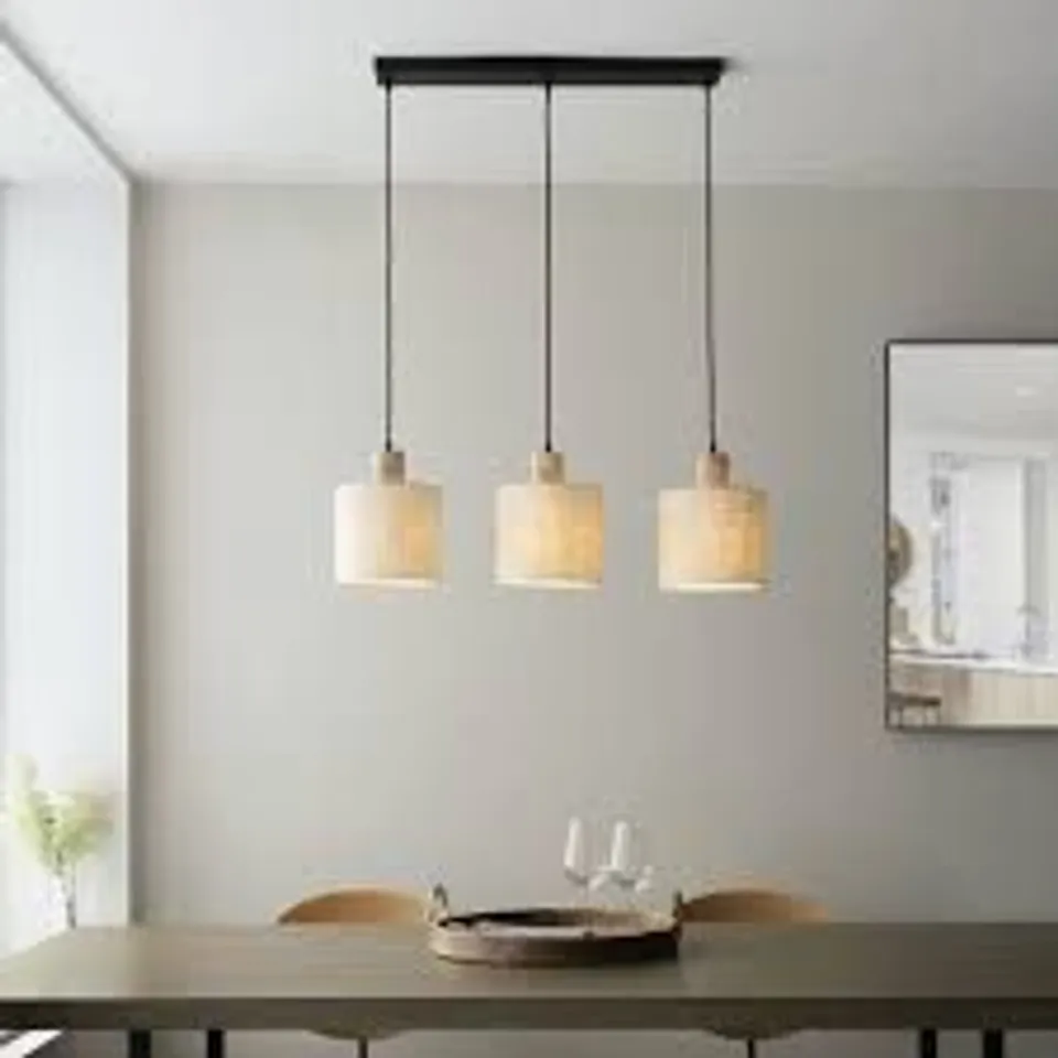 BOXED ENDON DURBAN 3 LIGHT PENDANT NATURAL EUCALYPTUS WOOD, NATURAL LINEN & MATT BLACK