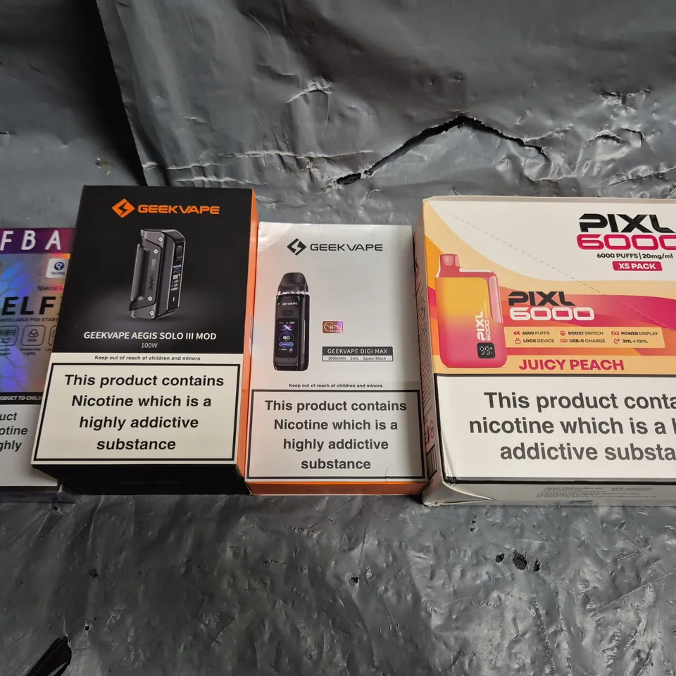 APPROXIMATELY 15 ASSORTED E-CIGARETTE PRODUCTS TO INCLUDE - PIXL, GEEK VAPE, ELF BAR ETC 