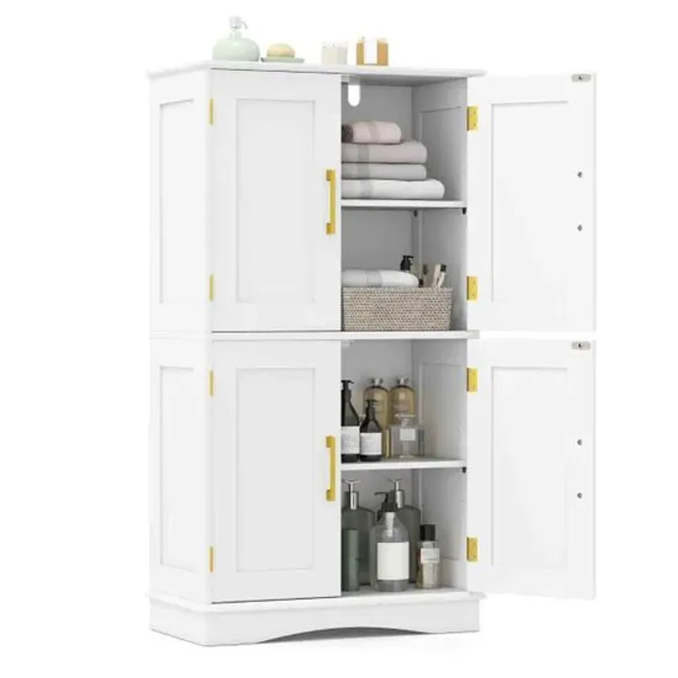 BOXED BATHROOM FLOOR STORAGE CABINET WITH 4 DOORS AND 2 ADJUSTABLE SHELVES - WHITE (1 BOX)