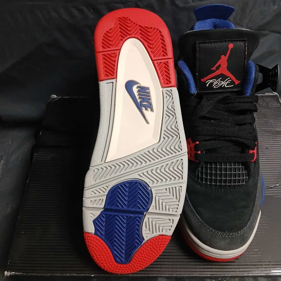 AIR JORDAN 4 RM SP SNEAKERS – BLACK SUEDE WITH BLUE LINING, RED ACCENTS, UK 6 (US 7) 