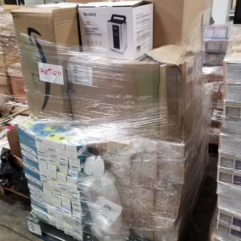 PALLET CONTAINING ASSORTED PRODUCTS INCLUDING LED CURTAIN LIGHTS, PLUG ADAPTORS, PORTABLE POWER STATION, BRASS LIGHT FIXTURES