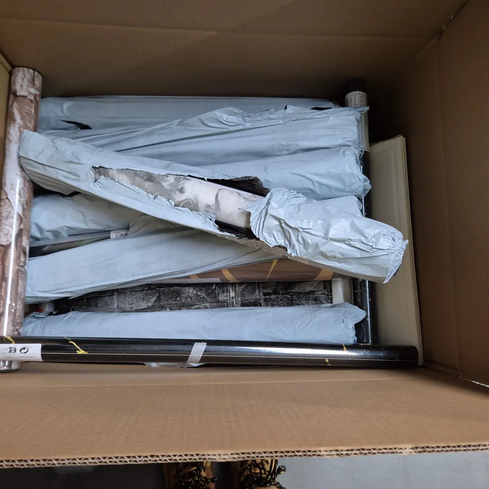 BOX OF APPROXIMATELY 20 ROLLS OF WALLPAPER AND SELF ADHESIVE WALL TILES. VARIOUS COLOURS AND STYLES