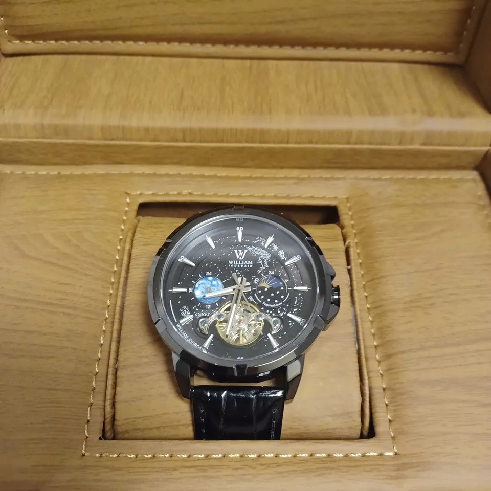 MENS WILLIAM JOURDAIN AUTOMATIC 2580 WATCH – OPEN HEART MOVEMENT WITH SUB DIALS – GLASS EXHIBITION BACK CASE – BLACK GENUINE LEATHER STRAP