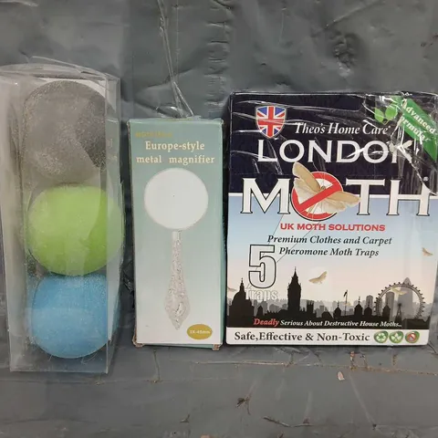 APPROXIMATELY 10 ASSORTED HOUSEHOLD ITEMS TO INCLUDE MOTH TRAPS, EUROPE STYLE METAL MAGNIFIER, ETC