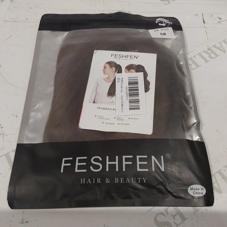 BOX CONTAINING APPROXIMATELY 100 FESHFEN DARK BROWN PONYTAIL EXTENSIONS