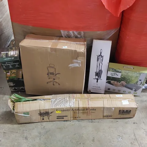 PALLET OF ASSORTED ITEMS INCLUDING: OFFICE CHAIR, ELECTRIC BLANKET, ARTIFICIAL PLANTS, FIREPLACE TOOL SET, BIRD FEEDER