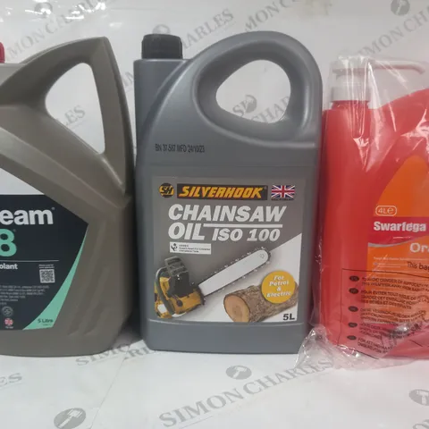 3 ASSORTED LIQUIDS TO INCLUDE SWARFEGA ORANGE, CHAINSAW OIL, AND ANTIFREEZE & COOLANT
