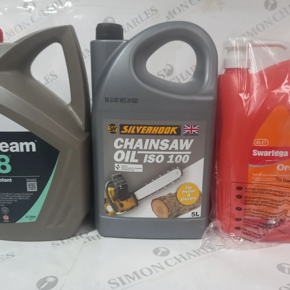 3 ASSORTED LIQUIDS TO INCLUDE SWARFEGA ORANGE, CHAINSAW OIL, AND ANTIFREEZE & COOLANT