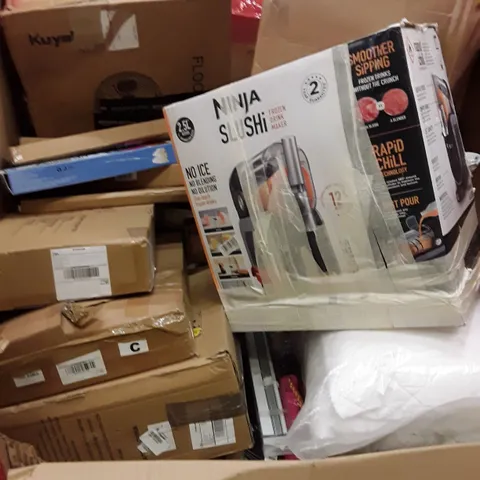 PALLET OF ASSORTED HOUSEHOLD GOODS AND PRODUCTS TO INCLUDE; NINJA SLUSHI, CEILING FAN, FLOOR FAN, BOXED FURNITURE ECT