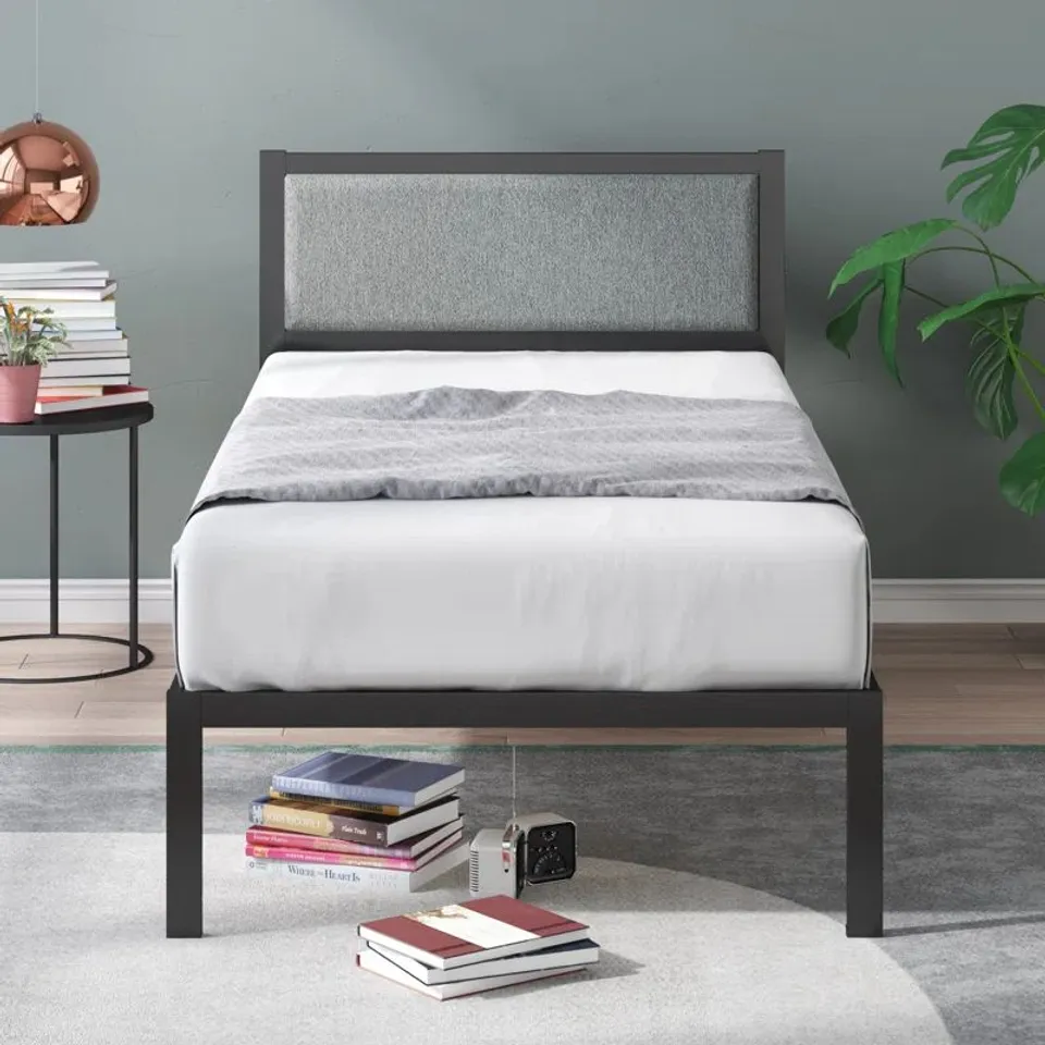 BOXED ARLEDGE METAL PLATFORM BED WITH UPHOLSTERED HEADBOARD 