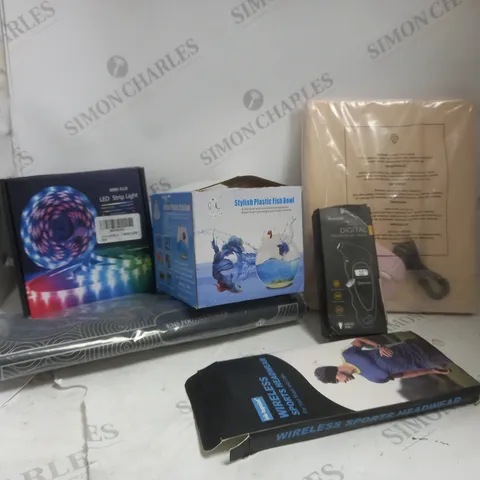 BOX OF APPROXIMATELY 5 ASSORTED ITEMS TO INCLUDE LED STRIPS, TIRE PRESSURE GAUGE, EMS FOOT MASSAGER ETC