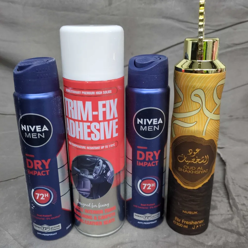 APPROXIMATELY 10 ASSORTED AEROSOLS TO INCLUDE NIVEA DEODORANT, ADHESIVE, AIR FRESHENER ETC