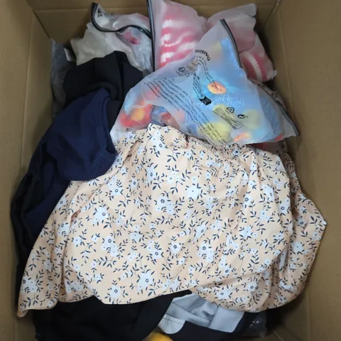 LARGE BOX OF ASSORTED CLOTHING ITEMS IN VARIOUS COLORS , STYLES AND SIZES 