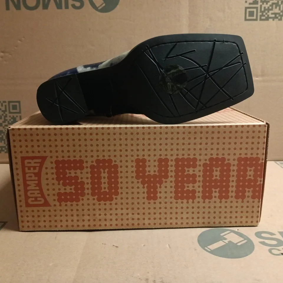 BOXED PAIR OF CAMPER SIDE-ZIP ANKLE BOOTS IN BLUE SIZE EU 38