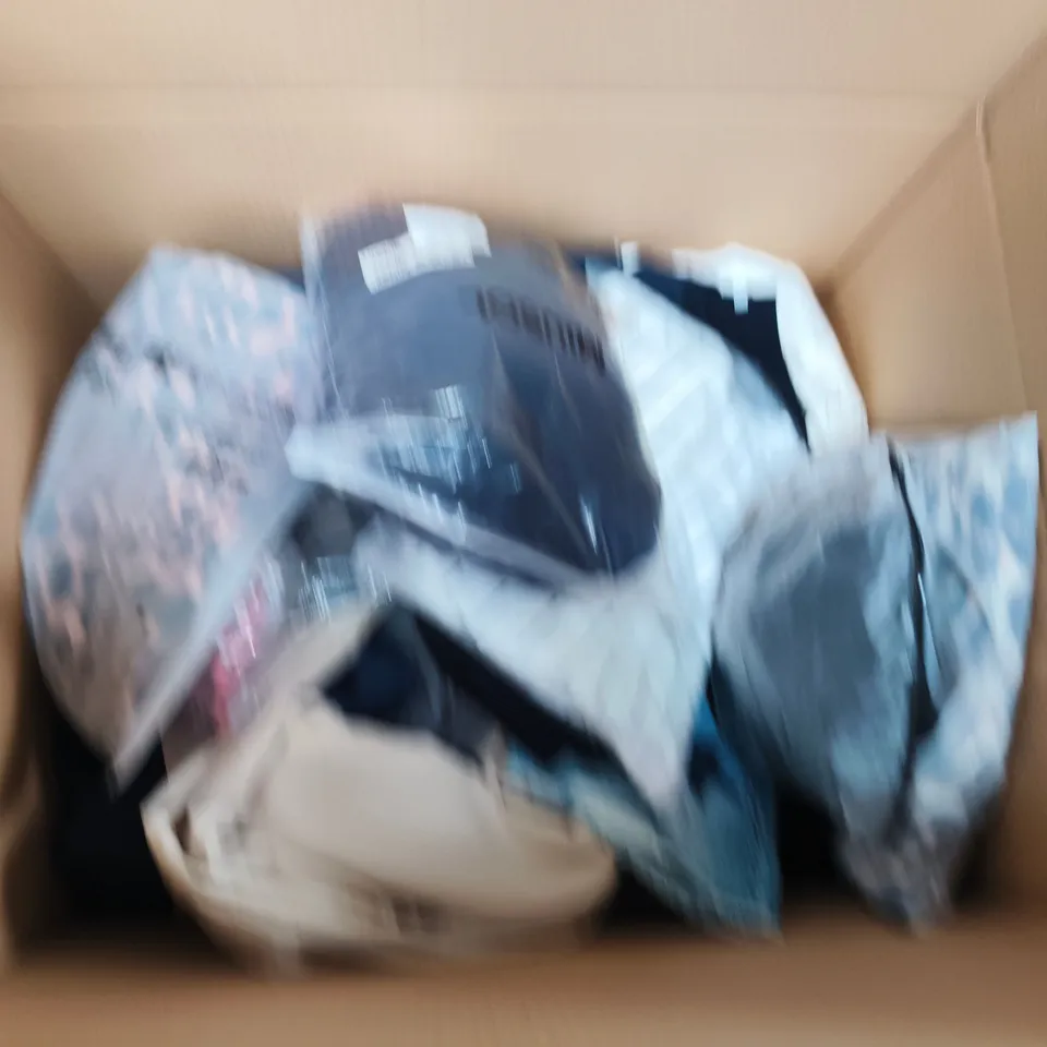 LARGE BOX OF APPROXIMATELY 25 ASSORTED CLOTHING ITEMS IN VARIOUS COLOURS, STYLES AND SIZES - COLLECTION ONLY
