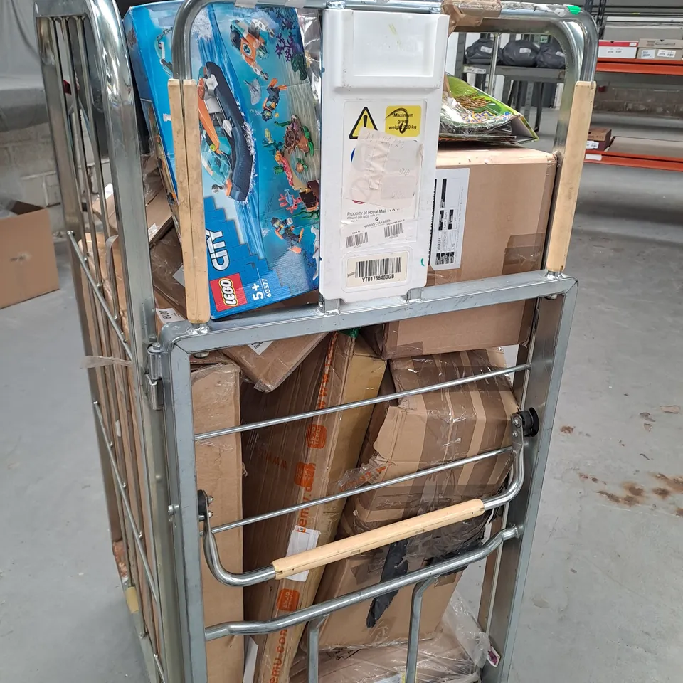 CAGE OF ASSORTED ITEMS TOO INCLUDE LEGO CITY SET , TOMMY HILFIGER WATCH , JUICE DISPENSER , ETC 