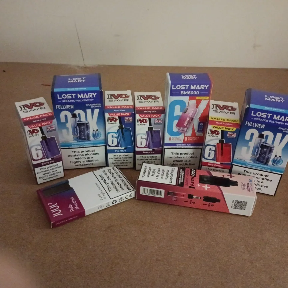 APPROXIMATELY 20 ASSORTED E-CIGARETTE PRODUCTS TO INCLUDE BRANDS SUCH AS IVG, LOST MARY, JUUL2, ETC - COLLECTION ONLY