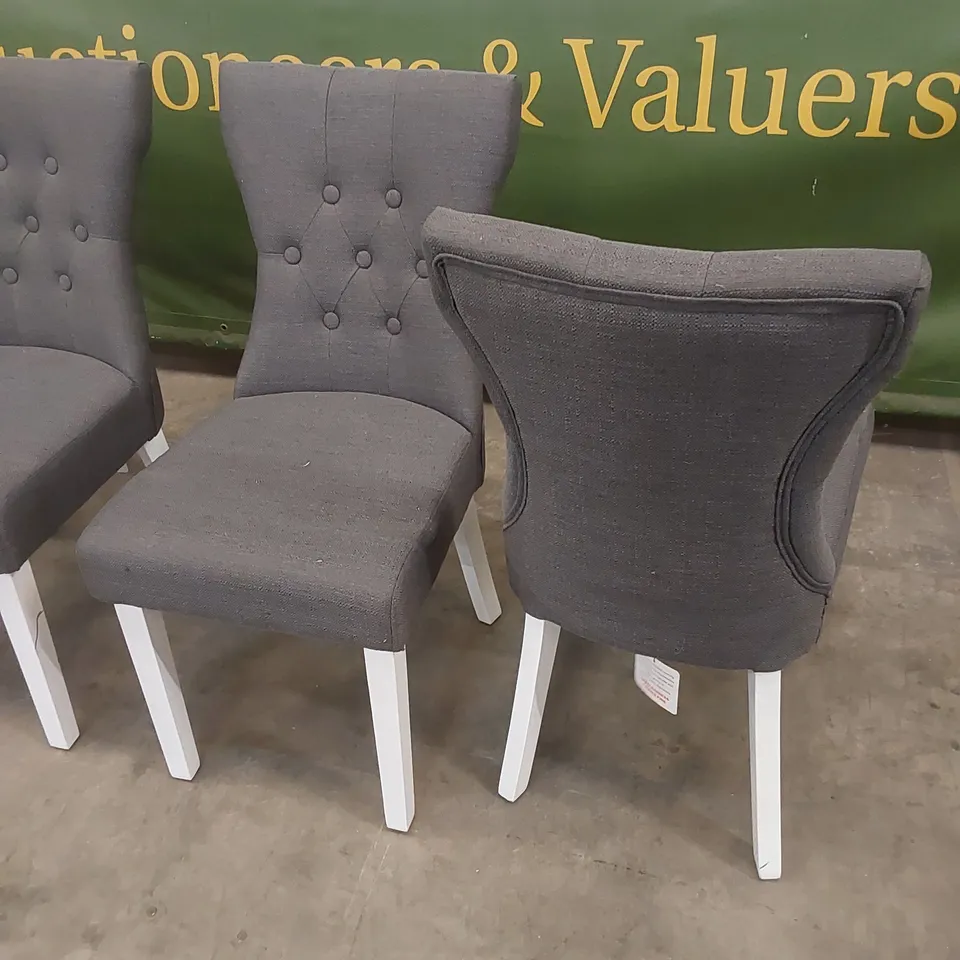 SET OF 4 BEWLEY SLATE GREY FABRIC BUTTON BACK DINING CHAIRS WITH WHITE LEGS 
