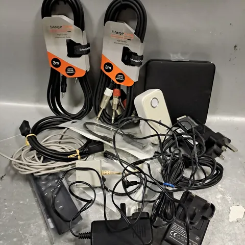 ASSORTED ELECTRICAL HOUSEHOLD ITEMS TO INCLUDE CABLES, REMOTES, PLUGS, ETC 