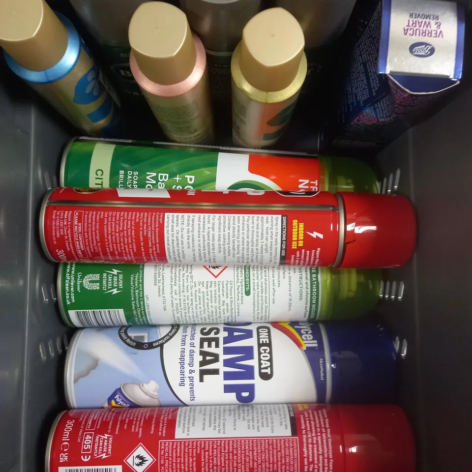 BOX OF APPROX 20 ASSORTED AEROSOLS TO INCLUDE BRUT, CIF POWER SHINE, BED BUG DUST MITE BOMB ETC - COLLECTION ONLY 