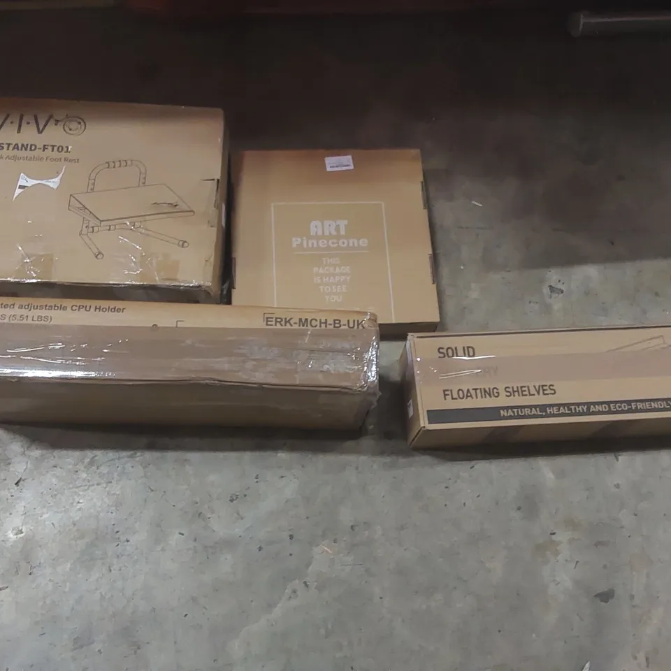 PALLET OF ASSORTED HOUSEHOLD GOODS AND PRODUCTS TO INCLUDE: SLIDING MACHINE, FOOT REST, KNOB-OPERATED CPU HOLDER, FLOATING SHELVES, ART PINECONE ECT