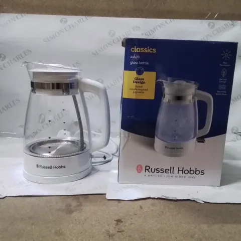 BOXED RUSSELL HOBBS WHITE GLASS KETTLE