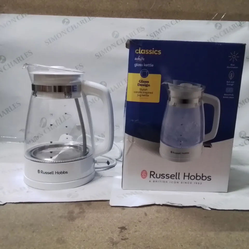 BOXED RUSSELL HOBBS WHITE GLASS KETTLE