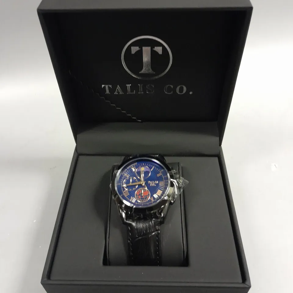 MENS TALIS CO BLACK CHRONOGRAPH WATCH WITH MOON PHASE MOVEMENT AND LEATHER STRAP IN GIFT BOX