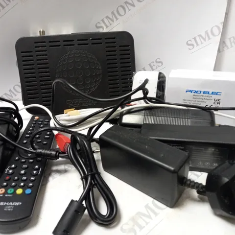 BOX OF APPROX 20 ASSORTED ELECTRICAL ITEMS TO INCLUDE REMOTES CONTROLS, WI-FI REPEATER PLUG, AC ADAPTERS, ETC