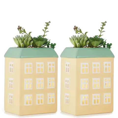 HOME REFLECTIONS SET OF 2 PRE-LIT LED CERAMIC HOUSE SUCCULENTS