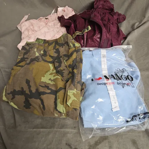 BOX OF APPROXIMATELY 20 ASSORTED CLOTHING ITEMS TO INCLUDE TROUSERS, JACKET, DRESSES, ETC