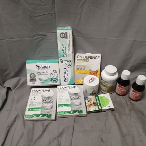 APPROXIMATELY 15 ASSORTED PET SUPPLIES & MEDICATION TO INCLUDE ON DEFENCE FLEA TICK, PROTEXIN PRO-KOLIN ENTEROGENIC, FRONTLINE PLUS, ETC