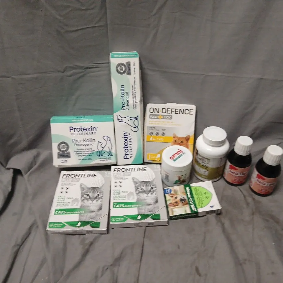 APPROXIMATELY 15 ASSORTED PET SUPPLIES & MEDICATION TO INCLUDE ON DEFENCE FLEA TICK, PROTEXIN PRO-KOLIN ENTEROGENIC, FRONTLINE PLUS, ETC