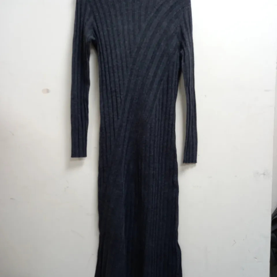 REISS CADY RIBBED KNIT ROLL NECK MIDI DRESS IN CHARCOAL - SMALL