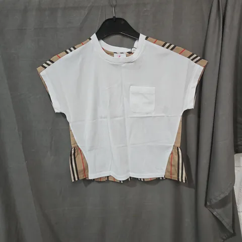 BURBERRY KIDS WHITE T‑SHIRT WITH CHECK TRIM - SIZE 10Y