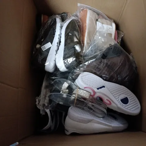 BOX OF APPROXIMATELY 18 PAIRS OF ASSORTED SHOES IN VARIOUS STYLES , COLOURS AND SIZES 
